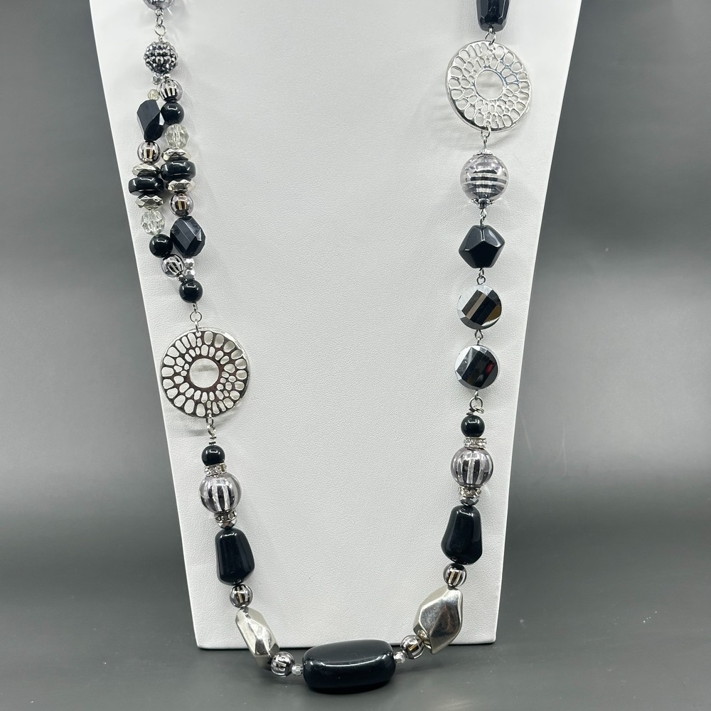 Black Silver Beaded Long Necklace Asymmetrical Gothic Statement Vintage Jewelry